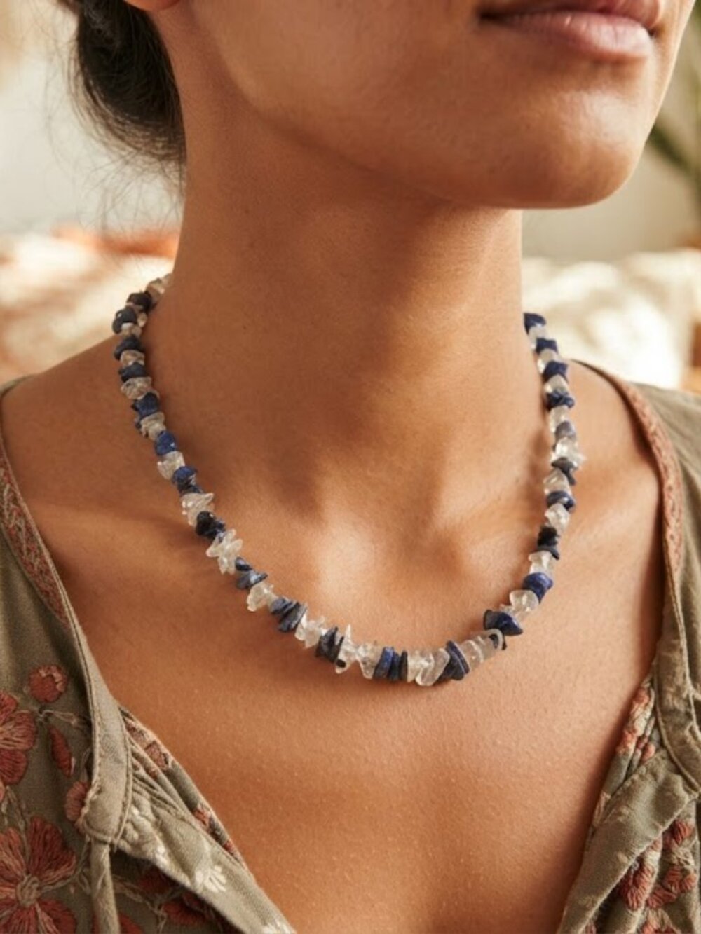 Natural Lapis Lazuli & icy Clear Quartz Chip Necklace 19 inches